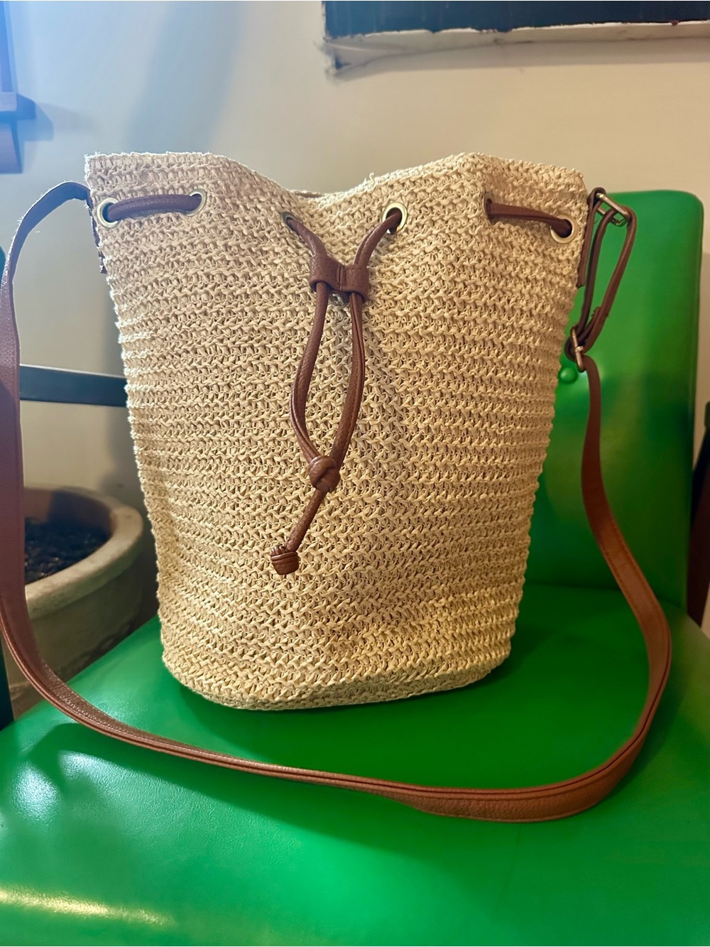 Montce Beige Woven Bucket Crossbody with Brown Trim
